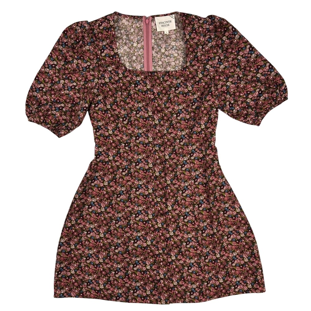 Hyacinth‎ House Womens Floral Square Neck Puff Sleeve Mini Dress Pink Burgundy S